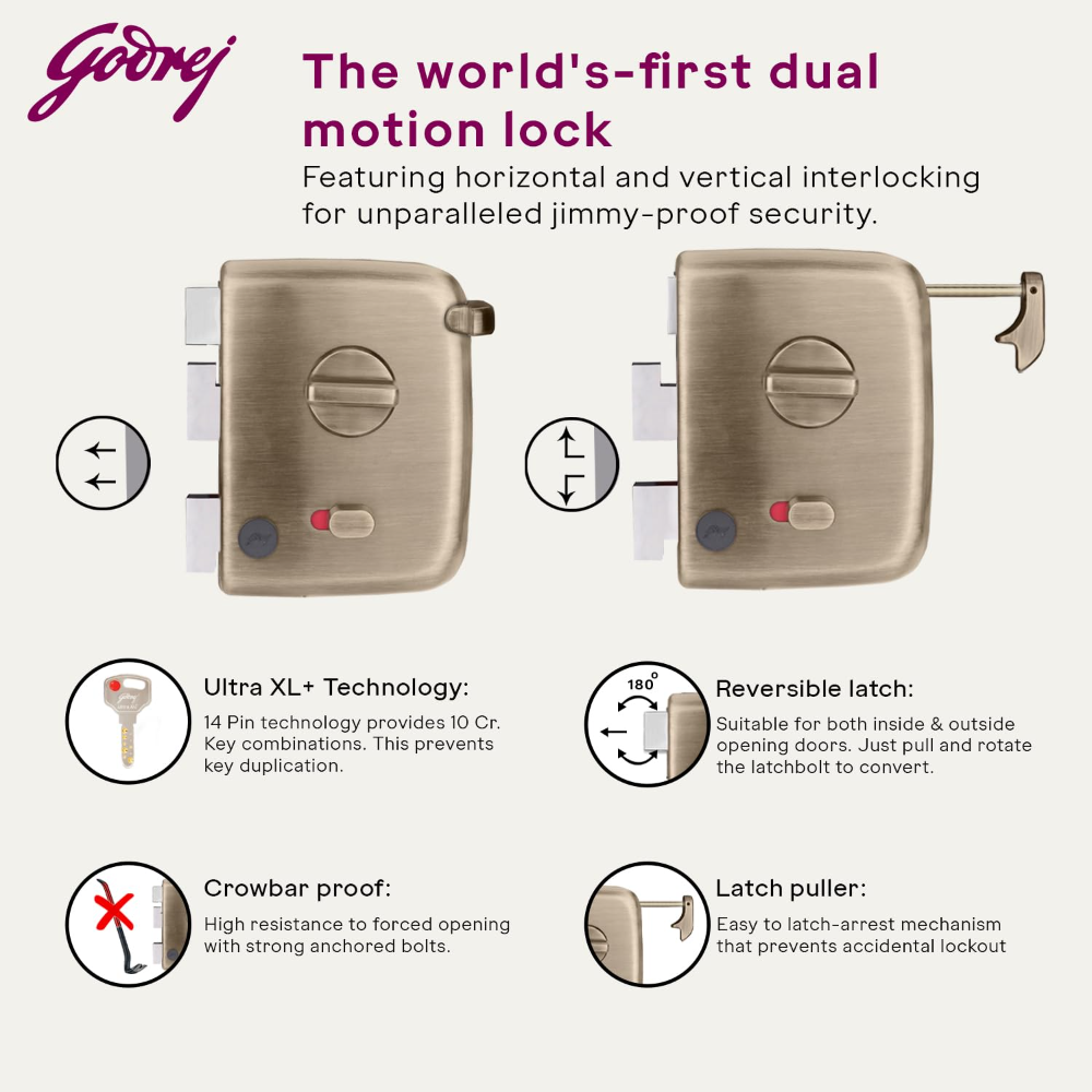 Godrej Centaur Rim Lock | Worlds 1st Dual Motion Lock | Ultra XL Plus Technology | 1CK Latch Lock for Main & Safety Door | Suitable for Single & Double Wooden Doors | Brass Finish | 5 Years Warranty